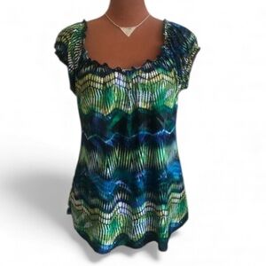 Ava and Grace Women’s Petite Large Short Puffed Sleeve Knit Top Blue and Green
